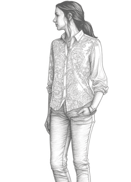 En kvinna med ena handen i fickan och stirrar i fjärran