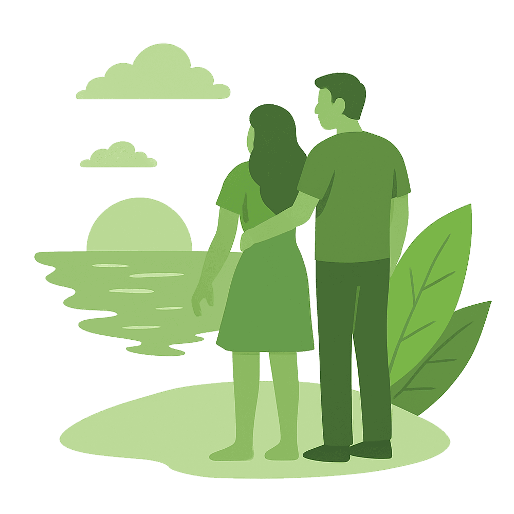 Man, kvinna och solnedgång vid havet